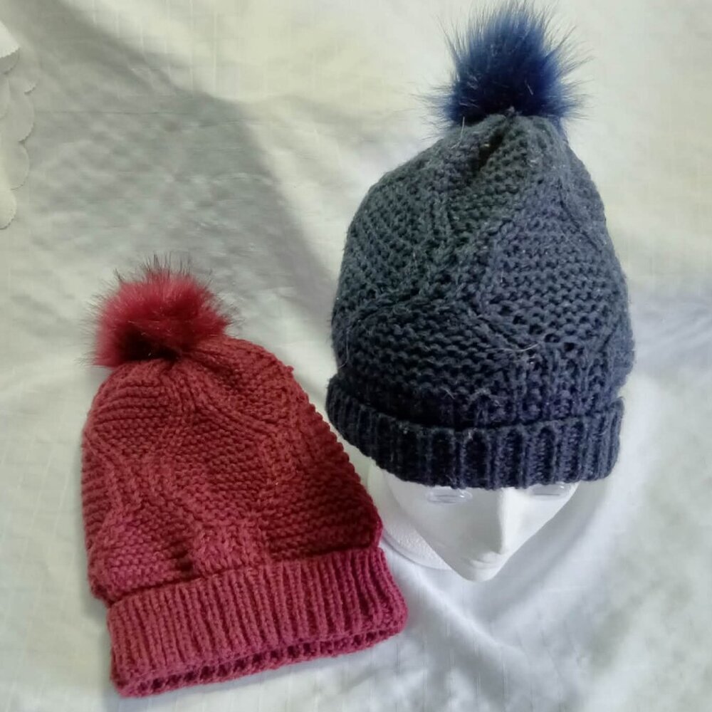 Two women's beanies with pom-pom - soft - linen, stretchy Head circ 56 cm